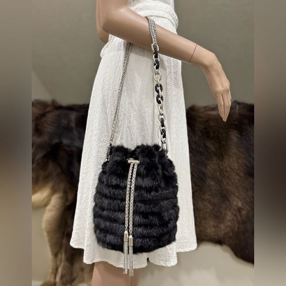 Black Multi Use Handmade Genuine Mink Fur & Drawstring Bucket Bag with 3 Straps - Picture 5 of 16